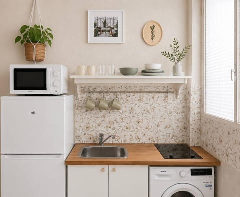 Kitchen or kitchenette, stove, toaster, washing machine