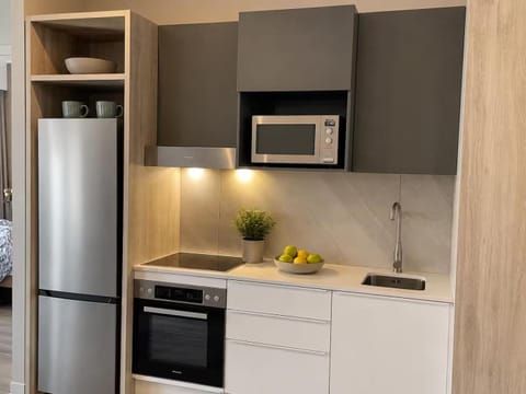 Kitchen or kitchenette, microwave, oven, stove