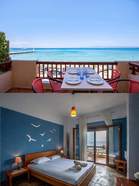 Bed, Natural landscape, View (from property/room), Balcony/Terrace, Living room, Photo of the whole room, Seating area, Dining area, Beach, Bedroom, Sea view, towels