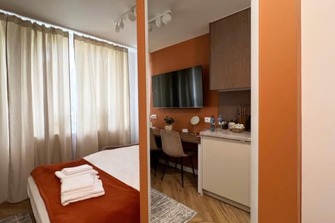 Bed, TV and multimedia, Kitchen or kitchenette, Photo of the whole room, Bedroom, hair dresser