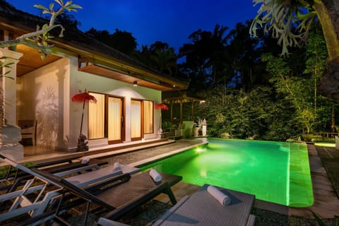 Property building, Night, Garden, Garden view, Pool view, Swimming pool, Swimming pool, sunbed