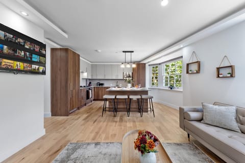 Kitchen or kitchenette, Living room, Seating area, Dining area