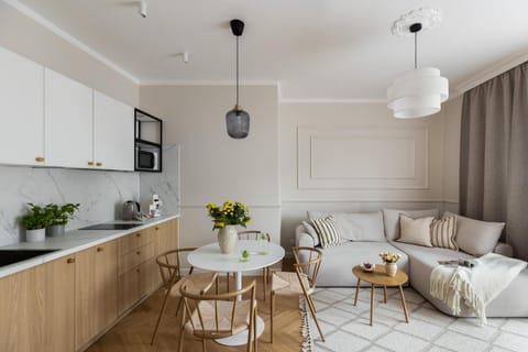 Kitchen or kitchenette, Living room, Seating area, Dining area