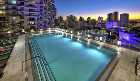 Property building, Night, Pool view, Swimming pool