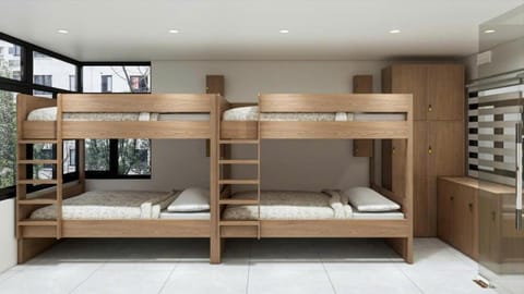 bunk bed, towels, wardrobe
