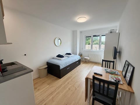 Bed, TV and multimedia, Living room, Photo of the whole room, Seating area, Dining area, Bedroom