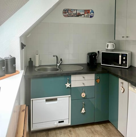 Kitchen or kitchenette, dishwasher, stove, toaster