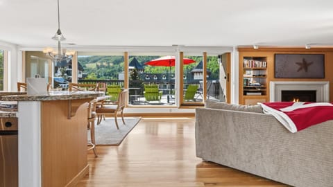 Day, Balcony/Terrace, Kitchen or kitchenette, Living room, Seating area, Mountain view, fireplace, furniture, kitchen