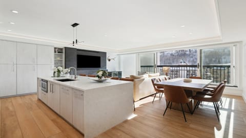 Day, TV and multimedia, View (from property/room), Kitchen or kitchenette, Living room, Seating area, Dining area, Mountain view, furniture, oven, wardrobe, kitchen