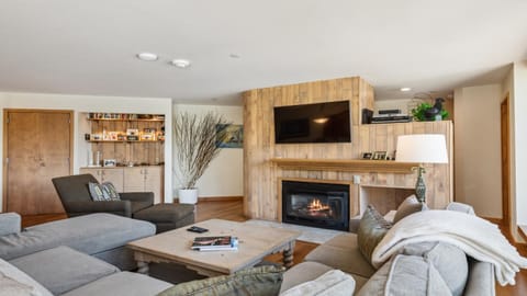 TV and multimedia, Kitchen or kitchenette, Living room, Seating area, fireplace, furniture