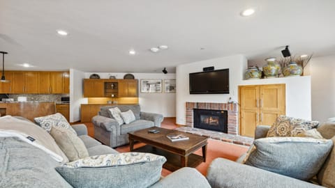 Day, TV and multimedia, Kitchen or kitchenette, Living room, Seating area, fireplace, furniture
