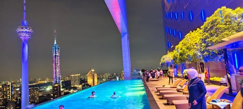 Night, City view, Pool view, Swimming pool