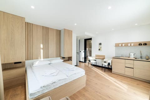 Bed, kitchen