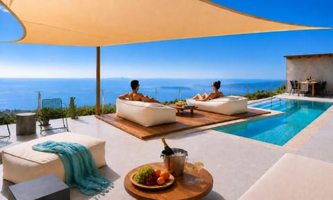 Balcony/Terrace, Seating area, Sea view, Swimming pool, sunbed