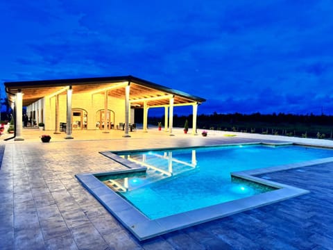 Property building, Patio, Restaurant/places to eat, Night, Pool view, sunbed