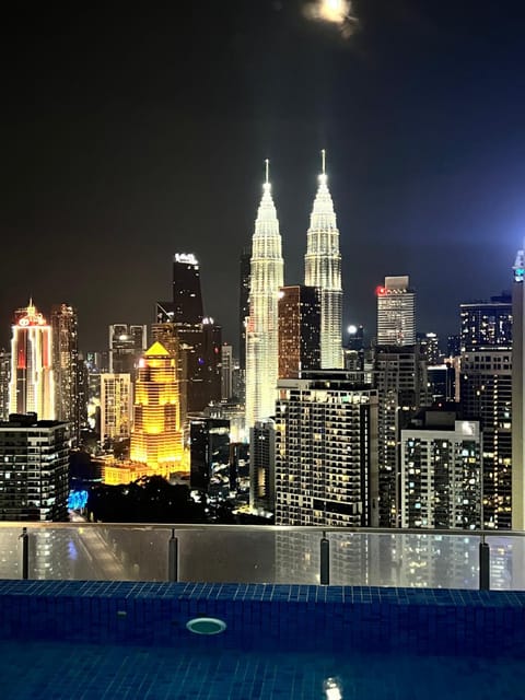 Night, City view, Swimming pool