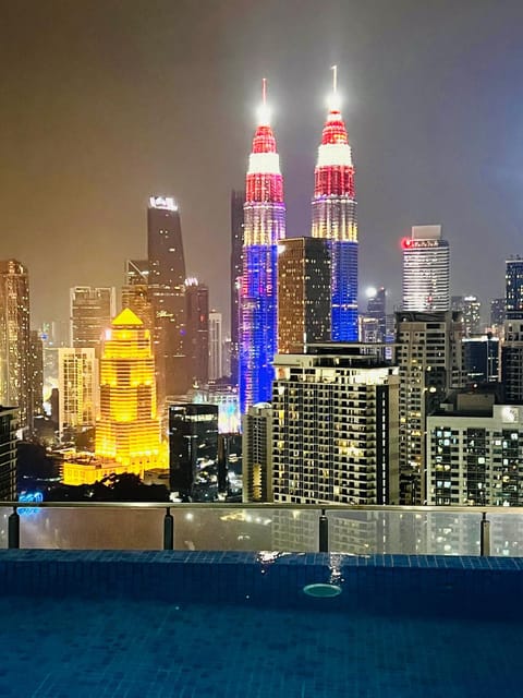 Night, City view, Swimming pool