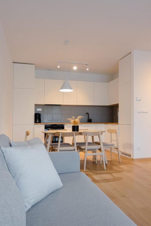 Kitchen or kitchenette, Living room, Seating area, Dining area