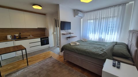 Bed, TV and multimedia, Kitchen or kitchenette, Bedroom, oven, stove