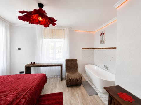 Bed, Seating area, Bedroom, Bath