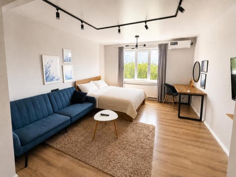 Bed, Day, TV and multimedia, Living room, Photo of the whole room, Decorative detail, Seating area, Bedroom, City view, Street view, furniture, heating, air conditioner, air conditioner