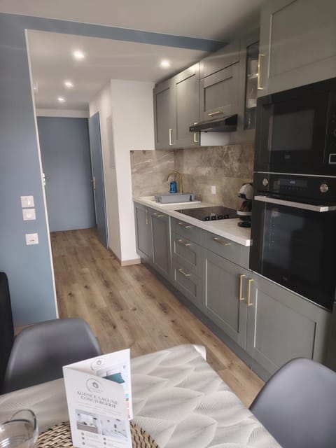 Kitchen or kitchenette, dishwasher, oven, stove