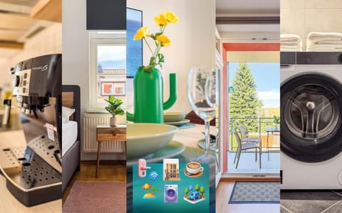 Coffee/tea facilities, Balcony/Terrace, Photo of the whole room, Dining area, washing machine