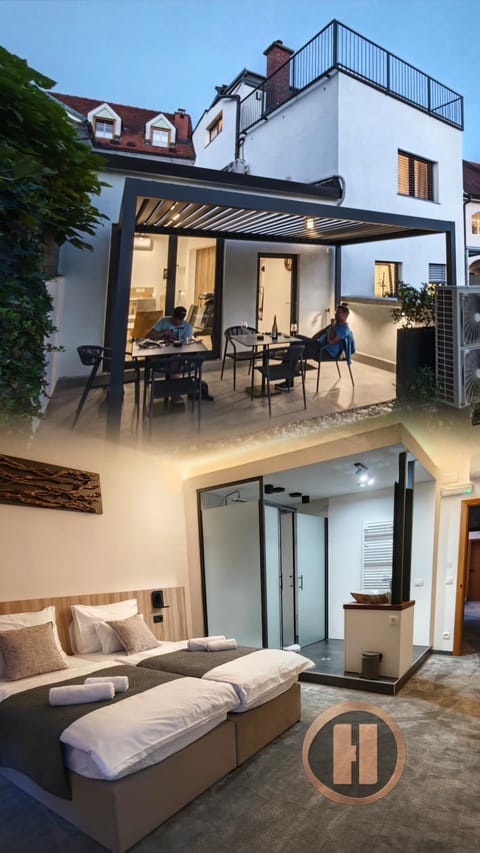 Property building, Patio, Bed, Balcony/Terrace, Seating area, Bedroom