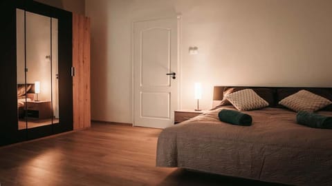 Bed, wardrobe
