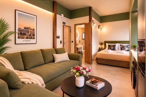 Bed, Living room, Seating area