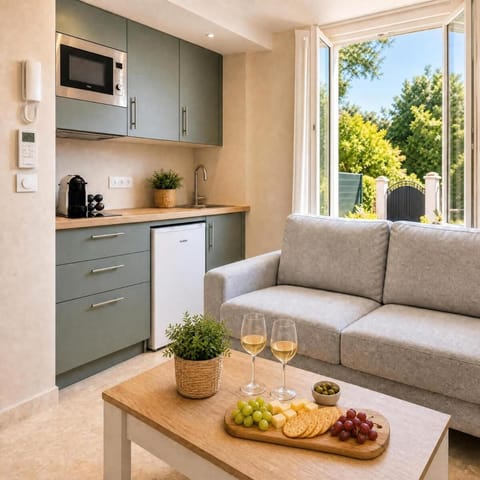 Coffee/tea facilities, Kitchen or kitchenette, Living room