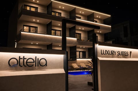 Property building, Facade/entrance, Night, Property logo or sign, Property logo or sign, Swimming pool, Parking, sunbed