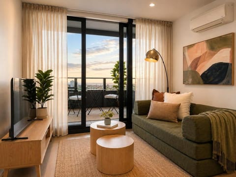 Bed, TV and multimedia, Living room, Seating area, air conditioner