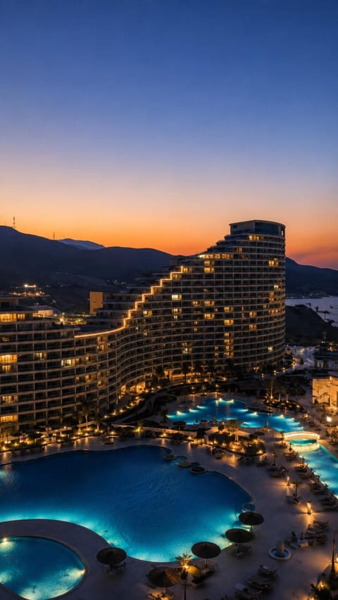 Property building, Nearby landmark, Night, Natural landscape, City view, Mountain view, Pool view, Swimming pool, Sunset