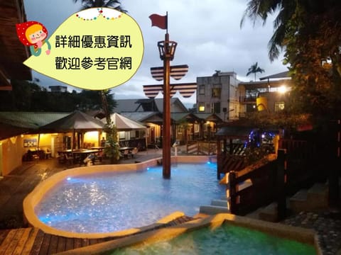 Property building, Night, Natural landscape, Pool view, Swimming pool
