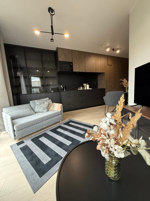 Kitchen or kitchenette, Living room, Seating area, Dining area