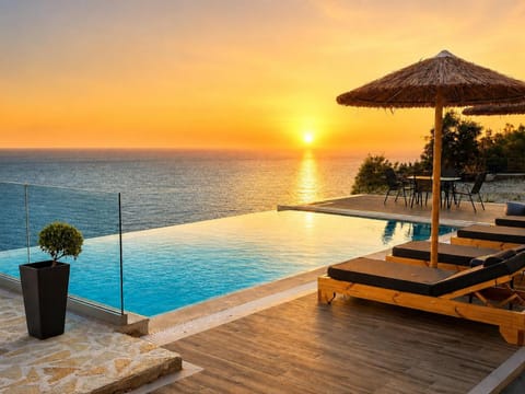 Patio, Day, Natural landscape, Pool view, Sea view, Swimming pool, Sunset, sunbed