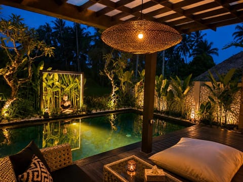 Patio, Night, Natural landscape, Garden, Garden view, Pool view, Swimming pool