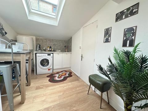 Kitchen or kitchenette, stove, toaster, washing machine