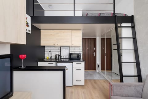 Kitchen or kitchenette, microwave, stove