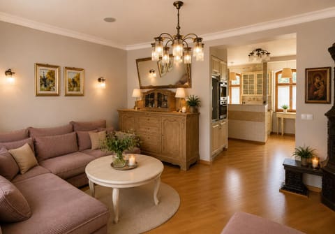 Kitchen or kitchenette, Living room, Seating area