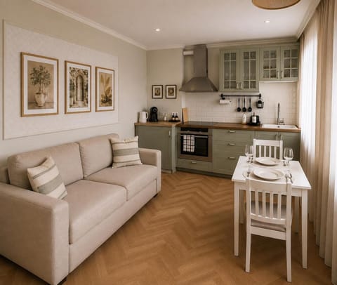 Kitchen or kitchenette, Living room, Seating area, Dining area