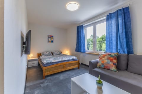 Bed, TV and multimedia, Living room, Seating area, Bedroom