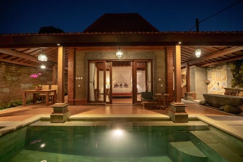 Property building, Patio, Night, Swimming pool