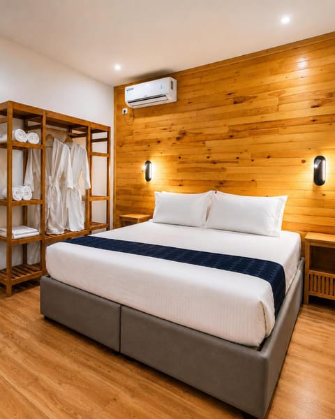 Photo of the whole room, Bedroom, towels, wardrobe, air conditioner