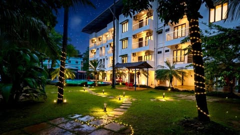 Property building, Night, Natural landscape, Garden, Garden view, Pool view, Swimming pool