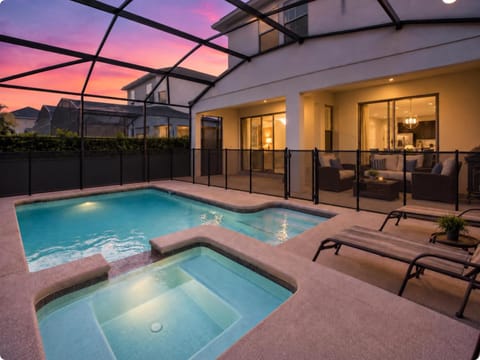 Patio, Hot Tub, View (from property/room), Seating area, Swimming pool, Sunset, sunbed