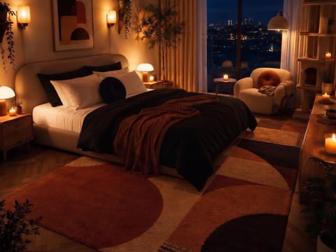 Bed, Night, Living room, Photo of the whole room, Seating area, Bedroom