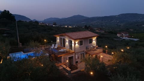 Property building, Night, Natural landscape, Bird's eye view, Mountain view, Pool view, Swimming pool