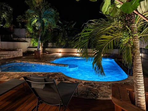 Patio, Night, Natural landscape, Pool view, Swimming pool, sunbed